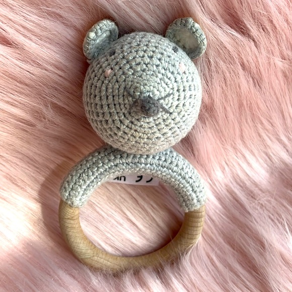 Albetta Crochet Mouse Baby Rattle Infant Ring Organic Cotton Knit Handmade - Picture 4 of 11